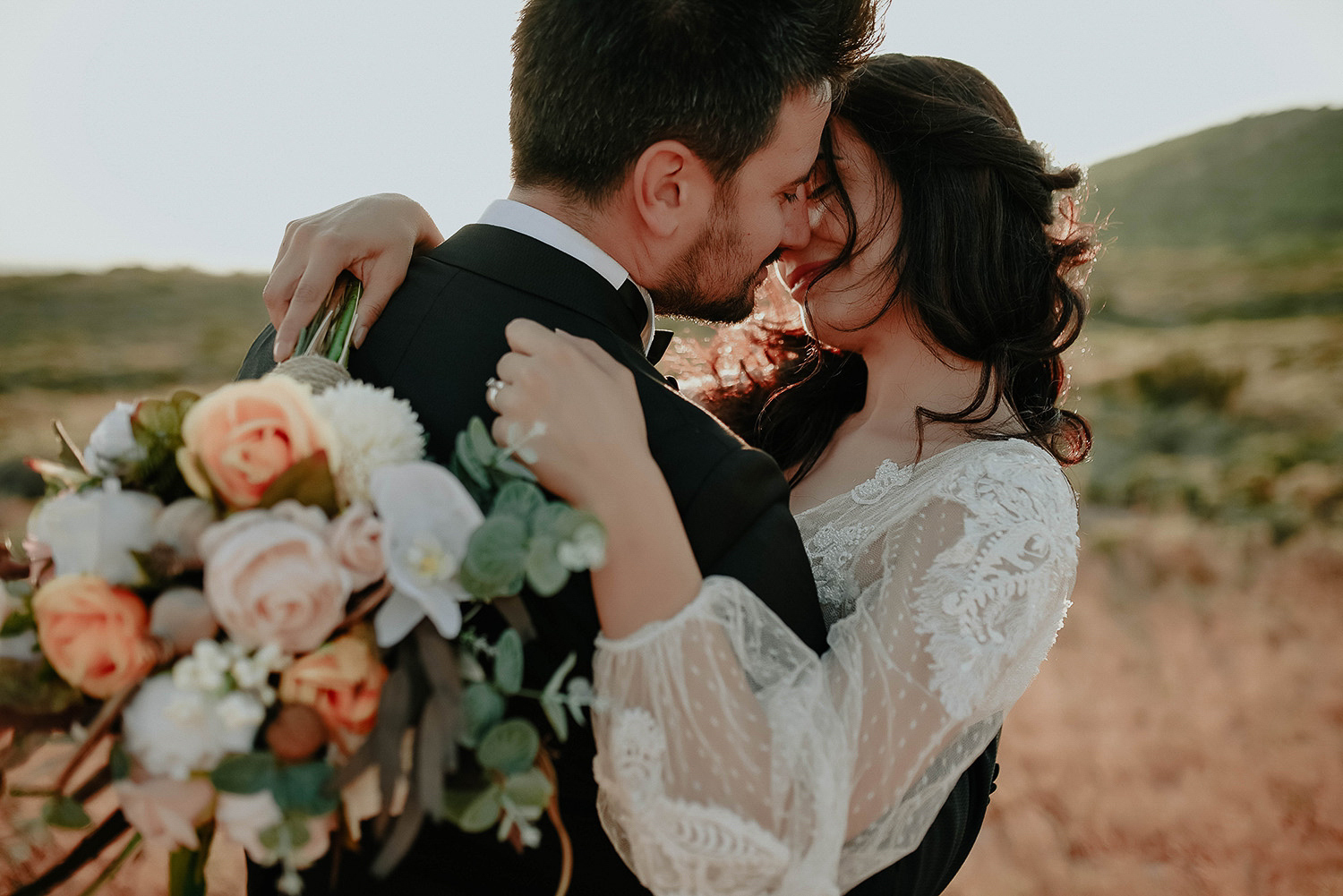 Forest road wedding portrait